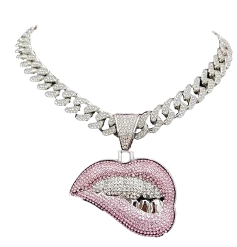 Halskette Damen Ketten Anhänger Frauen Männer Frauen Hip Hop Biss Lippe Form Anhänger Halskette Kristall Iced Out Bling Hiphop Halsketten Mode Silber von FUSHENGTER