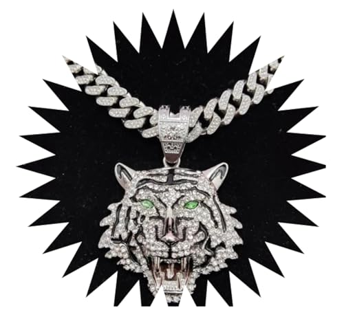 FUSHENGTER Halsketten Herren Hip hop Ketten Anhänger Frauen damenkette Rapper 3D Tiger Anhänger Halskette mit 13mm Kristall Iced Out Bling Halsketten Männer Frauen Mode Charme Silberfarbe von FUSHENGTER