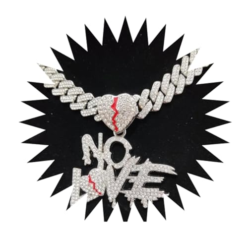 Halsketten Herren Hip hop Ketten Anhänger Frauen damenkette Rapper Männer Frauen Hip Hop No Love Herz Anhänger Halskette mit 14mm Iced Out Bling Hiphop Halsketten Mode Silberfarbe von FUSHENGTER