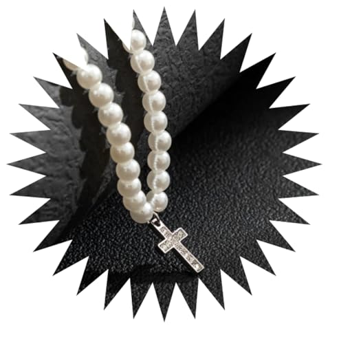 Halsketten Herren Hip hop Ketten Anhänger Frauen damenkette Rapper Perlenkette mit glänzendem Strass-Kreuz-Anhänger-Halskette für Herren, trendige weiße Perlen, silberfarben von FUSHENGTER