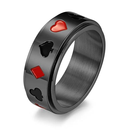 FUSHENGTER Ring Herren Ringe Männer Fingerring Damen Biker Ring Ehering 8 mm drehbarer Ring für Herren, Punk, Vintage, Glück, Spielkarte, Poker, Herren-Accessoires, 9 schwarz von FUSHENGTER