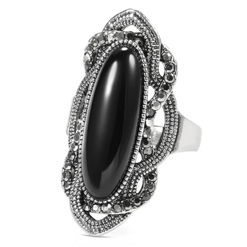 FUSHENGTER Ring Herren Ringe Männer Fingerring Damen Biker Ring Ehering Böhmischer schwarzer Steinring, Mosaik, AAA-grauer Kristall, große ovale Ringe für Vintage 10, Schwarz von FUSHENGTER