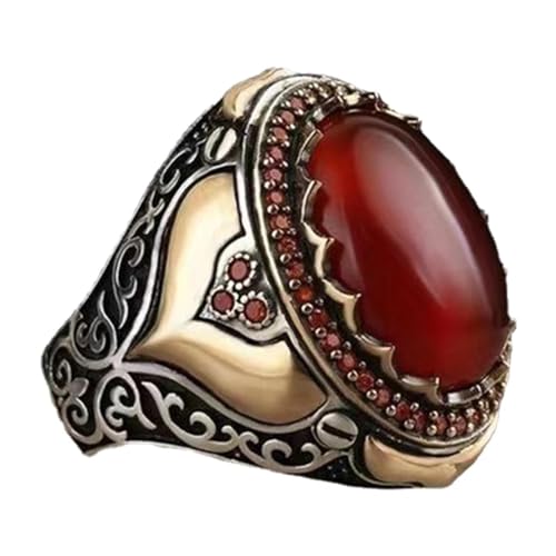 FUSHENGTER Ring Herren Ringe Männer Fingerring Damen Biker Ring Ehering Herrenring mit rotem natürlichem Achatstein, Vintage-Königskronenringe für Damen, Geschenk 12 von FUSHENGTER