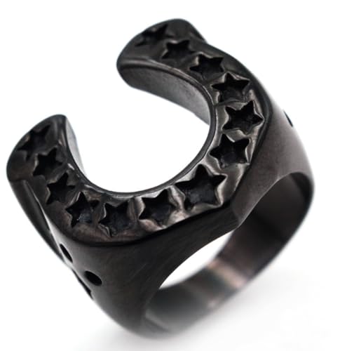 FUSHENGTER Ring Herren Ringe Männer Fingerring Damen Biker Ring Ehering Hufeisen-U-förmiger Stern, schwarze Herrenringe, Punk, Hip Hop für männlichen Freund, Biker, Kreativität, 12 R517-Schwarz von FUSHENGTER