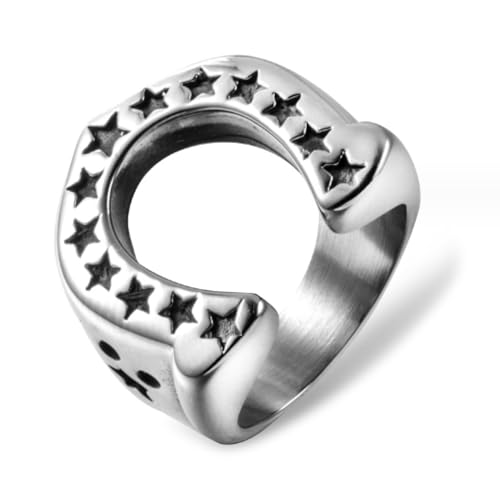 FUSHENGTER Ring Herren Ringe Männer Fingerring Damen Biker Ring Ehering Hufeisen U-förmiger Stern Schwarz Herren Ringe Punk Hip Hop für männliche Freund Biker Kreativität 10 R517 von FUSHENGTER