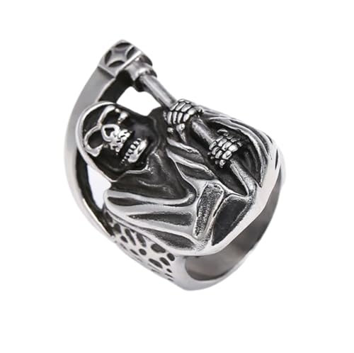 FUSHENGTER Ring Herren Ringe Männer Fingerring Damen Biker Ring Ehering Kreativer, exquisiter, geschnitzter Sensenschädel-Herrenring, Geschenk, Festival, Party, Geburtstag, 13 von FUSHENGTER