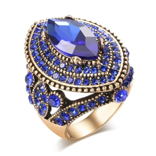 FUSHENGTER Ring Herren Ringe Männer Fingerring Damen Biker Ring Ehering Luxuriöser schwarzer antiker Ring für Damen, Vintage-Look, AAA-Kristall, Boho-Charm, Ehering, 10 Blau von FUSHENGTER