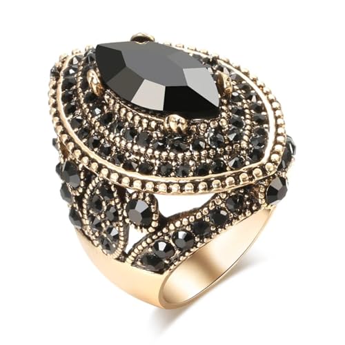 FUSHENGTER Ring Herren Ringe Männer Fingerring Damen Biker Ring Ehering Luxuriöser schwarzer antiker Ring für Damen, Vintage-Look, AAA-Kristall, Boho-Charm, Ehering 7 schwarz von FUSHENGTER