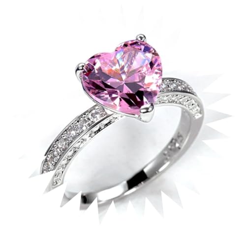 FUSHENGTER Ringe Damen Ring Für Damen Frauen Finger Herren Geschenk Ehering Herzförmiger Rosafarbener Diamant-Zirkon-Ring Für Damen, Verlobung 8S1 von FUSHENGTER