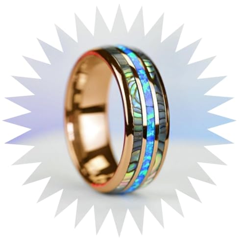 FUSHENGTER Ringe Damen Ring Für Damen Frauen Finger Herren Geschenk Mode 8Mm Rosegold Farbe Hochzeit Männer Ringe Abalone Shell Blau Opal Ringe Männer Hochzeit 9 Rosegoldcolor von FUSHENGTER