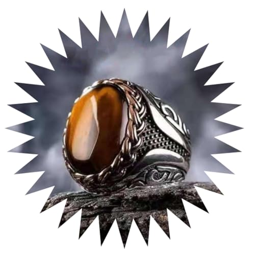 FUSHENGTER Ringe Damen Ring Für Damen Frauen Finger Herren Geschenk Modischer Gelber Tigerstein-Streifen-Ring, Trendiger Herren-Vintage-Ring, 5 Silberfarben von FUSHENGTER