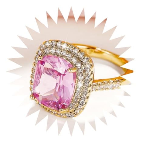 Ringe Damen Ring Für Damen Frauen Finger Herren Geschenk Quadratischer Rosafarbener Diamantring, Eleganter Zirkonring, Ehering 10S2 von FUSHENGTER