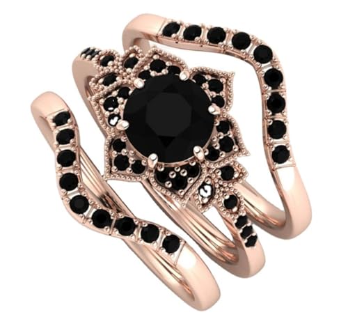 FUSHENGTER Ringe Damen Ring Für Damen Frauen Finger Herren Geschenk Retro Dunkles Herz Schwarz Zirkon Damen Geometrischer Ring Kreative Rose Dreiteiliges Set 7S352 von FUSHENGTER