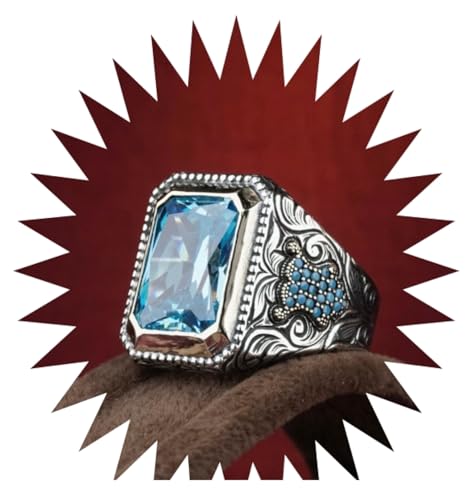 FUSHENGTER Ringe Damen Ring Für Damen Frauen Finger Herren Geschenk Ring Mit Vintage-Textur, Meerblauem Zirkon, 12 Silberfarben von FUSHENGTER
