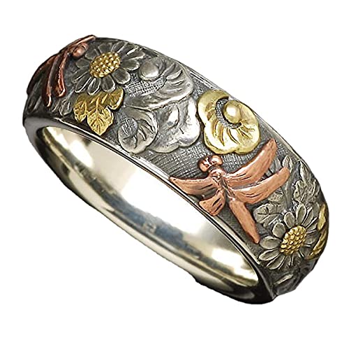 Ringe Damen Ring Für Damen Frauen Finger Herren Geschenk Vintage Geschnitzter Ring Blume Libelle Sonnenblumen Ring 5S172 von FUSHENGTER