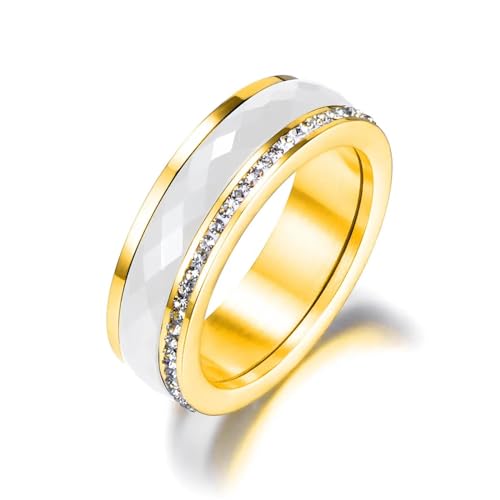 FUSHENGTER Ringe Ring Damen Finger Frauen Herren Geschenk Klassischer Ring Aus Keramik In Weiß Und Schwarz Mit Cz-Kristallen Für Damen,9 R18056G von FUSHENGTER