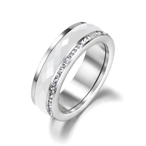 FUSHENGTER Ringe Ring Damen Finger Frauen Herren Geschenk Klassischer Weißer Schwarzer Keramikring Mit Cz-Kristallringen Für Damen 9 R18056P von FUSHENGTER