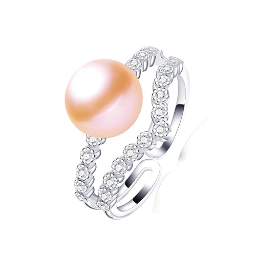 FUSHENGTER Ringe Ring Damen Finger Frauen Herren Geschenk Luxuriöser Zirkon-Ring Mit Natürlicher Süßwasserperle,Modische Party,Verstellbare Perlenringe Für Frauen,Größenverstellbar,Rosa von FUSHENGTER