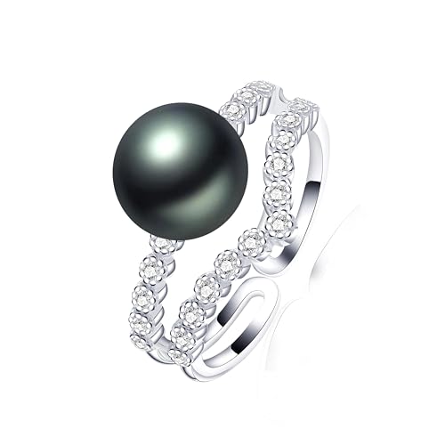 FUSHENGTER Ringe Ring Damen Finger Frauen Herren Geschenk Luxuriöser Zirkon-Ring Mit Natürlicher Süßwasserperle,Modische Party,Verstellbare Perlenringe Für Frauen,Größenverstellbar,Schwarz von FUSHENGTER