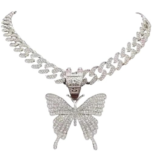 Halskette Damen Ketten Anhänger Frauen Männer Frauen Hip Hop Iced Out Bling Schmetterling Anhänger Halskette Kette Hiphop Halsketten Mode Silberfarbe von FUSHENGTER