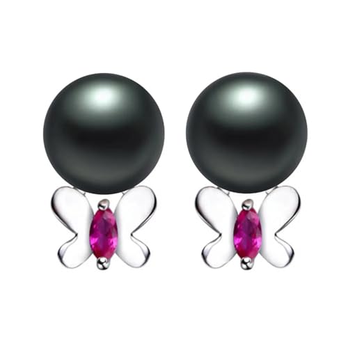 Ohrringe Damen Ohrstecker Frauen Geschenk Damen-Ohrstecker Mit Glänzendem Kristall-Schmetterling, Natürliche Süßwasserperlen-Ohrringe, 8–9 Mm, Schwarz von FUSHENGTER