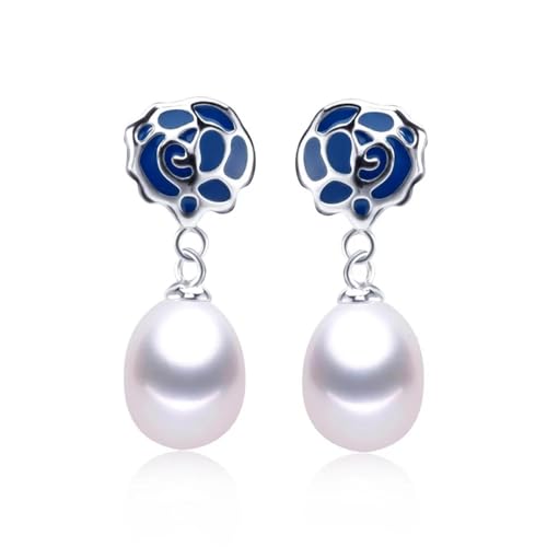 Ohrringe Damen Ohrstecker Frauen Geschenk Natürliche Süßwasserperle Blau Mode Blume Ohrringe Mode Für Frau 8-9Mm Weiss von FUSHENGTER