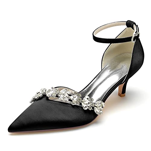 Damen Satin Bridal Hochzeitsschuhe Spitze Stöckel Absatz Pumps 6cm Party Kleid Schuhe Sandalen,Schwarz,41 EU von FUSIVE