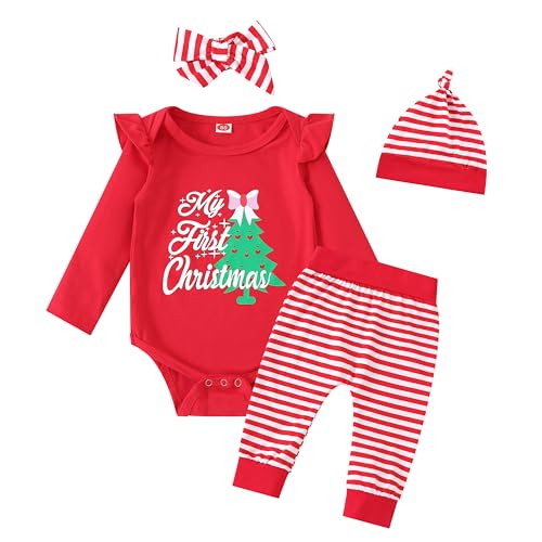FUTERLY Baby Weihnachtsoutfit Mädchen,My First Christmas Outfit,Neugeborene Weihnachten Kleidung,Baby Weihnachten Outfit Set,Weihnachtskostüm Babies Strampler+Hose+Hut+Stirnband,6-12 Monate von FUTERLY