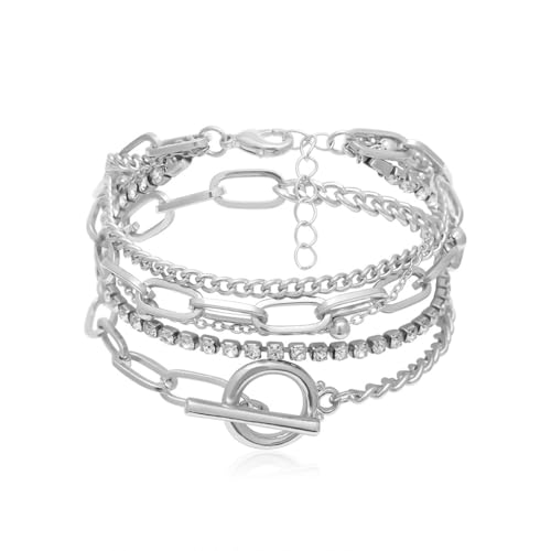 Vergoldetes Armband-Set mit OT-Verschluss, charmantes, klobiges Büroklammer-Tennis-Armband-Set, ästhetischer Punk, Hip-Hop, kubanischer Gliederarmreif für Frauen und Freunde (Silber) von FUTIMELY