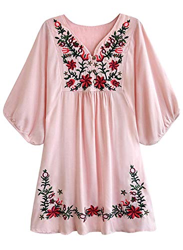 FUTURINO Damen Sommerkleid Bohemian Stickerei Floral Tunika Shift Bluse Flowy Minikleid,Rosa,M von FUTURINO