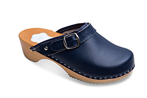 FUTURO FASHION® - Damen Clogs - gesund & natürlich - Echtleder - Holzsohle - Unisex-Farben - einfarbig - Größe 36-42 - Dunkelblau - 39 EU von FUTURO FASHION