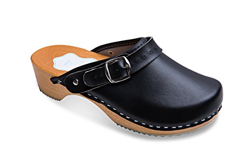 FUTURO FASHION® - Damen Clogs - gesund & natürlich - Echtleder - Holzsohle - Unisex-Farben - einfarbig - Größe 36-42 - Schwarz - 41 EU von FUTURO FASHION