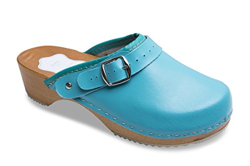 FUTURO FASHION® - Damen Clogs - gesund & natürlich - Echtleder - Holzsohle - Unisex-Farben - einfarbig - Größe 36-42 - Türkis - 40 EU von FUTURO FASHION