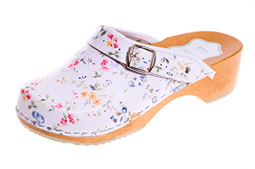 FUTURO FASHION® - Damen Clogs - gesund & natürlich - Echtleder - Holzsohle - Unisex-Farben - einfarbig - Größe 36-42 - Weiß/Blau mit Blumen - 42 EU von FUTURO FASHION