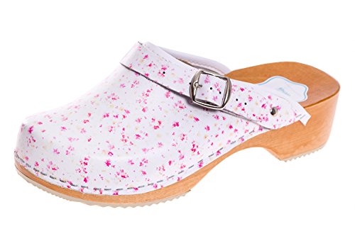 FUTURO FASHION® - Damen Clogs - gesund & natürlich - Echtleder - Holzsohle - Unisex-Farben - einfarbig - Größe 36-42 - Weiß/Pink mit Blumen - 37 EU von FUTURO FASHION