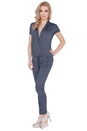 FUTURO FASHION® - Damen Jumpsuit mit Taschen - V-Ausschnitt - Wickel-Optik - Größe 36-46 - 1080 - Graphit - 38 (M) von FUTURO FASHION