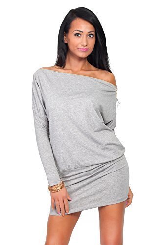 FUTURO FASHION® - Damen Minikleid - Reißverschluss auf der Schulter - glamourös - langärmlig - Jersey - Größe 36-46 - 8440 - Aschgrau - 42 (XL) von FUTURO FASHION