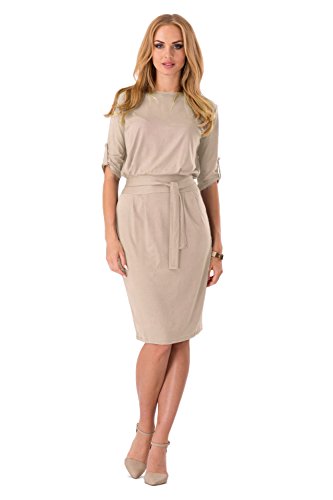 FUTURO FASHION® - Damen Shift-Kleid mit Gürtel & U-Ausschnitt - 3/4-Ärmel - 8986 - Beige - 44 (XXL) von FUTURO FASHION