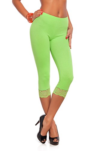 FUTURO FASHION® - Einfarbige 3/4-lange Damen-Leggings mit Baumwolle, ideal für alle Aktivitäten, Sport, Yoga, Damenstrumpfhose im Capri-Stil - mit Spitzensaum Limette, 38- PT-L-MDLCE von FUTURO FASHION