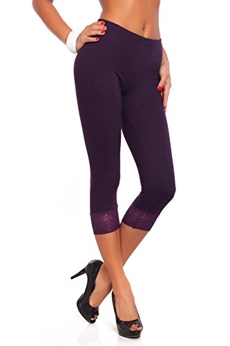 FUTURO FASHION® - Einfarbige 3/4-lange Damen-Leggings mit Baumwolle, ideal für alle Aktivitäten, Sport, Yoga, Damenstrumpfhose im Capri-Stil - mit Spitzensaum Pflaume 42 - PT-L-MDLCE von FUTURO FASHION