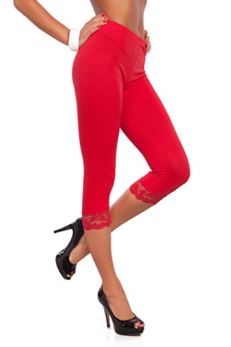 FUTURO FASHION® - Einfarbige 3/4-lange Damen-Leggings mit Baumwolle, ideal für alle Aktivitäten, Sport, Yoga, Damenstrumpfhose im Capri-Stil - mit Spitzensaum Rot, 44/46- PT-L-MDLCE von FUTURO FASHION