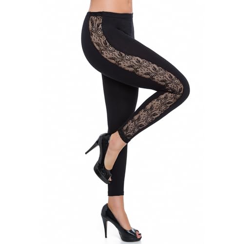 FUTURO FASHION® - Leggings mit Streifen aus Spitze - lang - elegant - Baumwolle - LPL - Schwarz - 42 von FUTURO FASHION