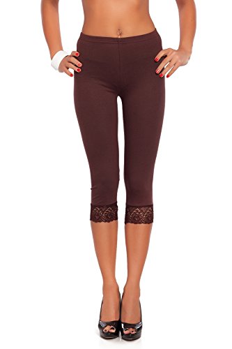 FUTURO FASHION® - Einfarbige 3/4-lange Damen-Leggings mit Baumwolle, ideal für alle Aktivitäten, Sport, Yoga, Damenstrumpfhose im Capri-Stil - mit Spitzensaum Braun 38- PT-L-MDLCE von FUTURO FASHION