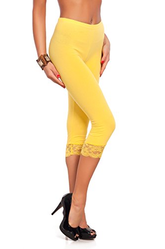 FUTURO FASHION® - Einfarbige 3/4-lange Damen-Leggings mit Baumwolle, ideal für alle Aktivitäten, Sport, Yoga, Damenstrumpfhose im Capri-Stil - mit Spitzensaum Gelb, 36 - PT-L-MDLCE von FUTURO FASHION