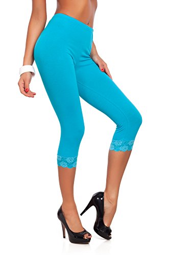 FUTURO FASHION® - Einfarbige 3/4-lange Damen-Leggings mit Baumwolle, ideal für alle Aktivitäten, Sport, Yoga, Damenstrumpfhose im Capri-Stil - mit Spitzensaum Turkis 44/46 - PT-L-MDLCE von FUTURO FASHION