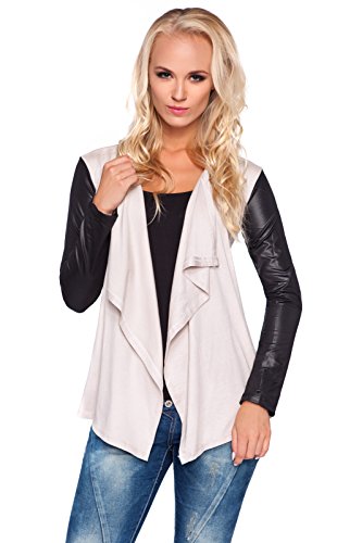 FUTURO FASHION - Damen Cardigan mit Wasserfall-Design - Ärmel in glänzender Leder-Optik - elegant - Viskose - 8079 - Beige - 44 (XXL) von FUTURO FASHION