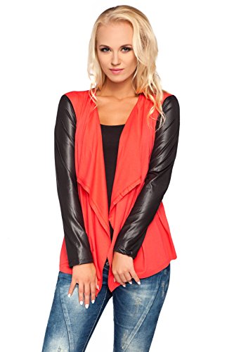 FUTURO FASHION - Damen Cardigan mit Wasserfall-Design - Ärmel in glänzender Leder-Optik - elegant - Viskose - 8079 - Koralle - 40 (L) von FUTURO FASHION