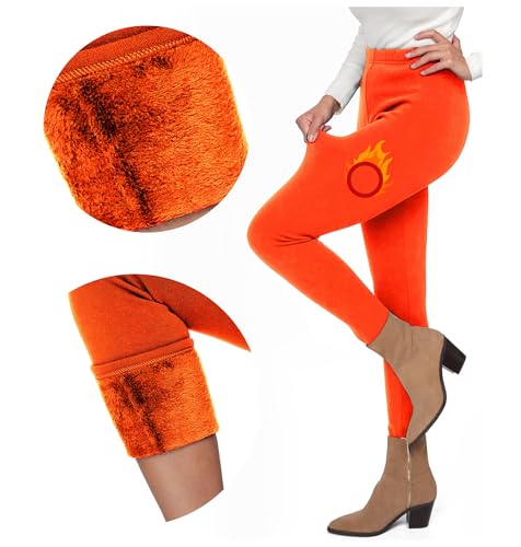 FUTURO FASHION Damen-Leggings mit Pelzfutter, dicke Thermo-Fleece-gefütterte Leggings, gemütlich, lässig, warm, dehnbar, mittlere Taille und hohe Taille, Polarhose, Größe S-3XL, Orange, XL von FUTURO FASHION