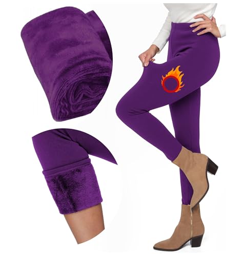 FUTURO FASHION Damen Fellgefütterte dicke Leggings Thermo-Fleece gefütterte Leggings Frauen I Gemütlich Lässig Warm Dehnbar Mittlere Taille und Hohe Taille Polarhose Hose I Größen S-3XL, pflaume, S von FUTURO FASHION