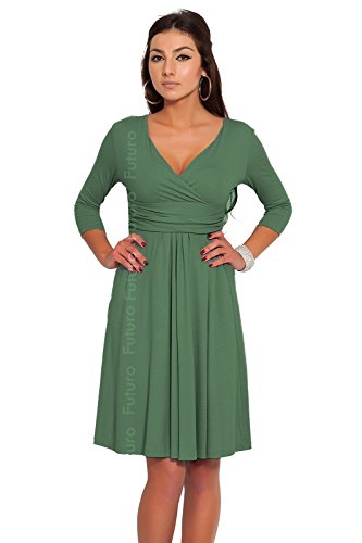 FUTURO FASHION - Damen Kleid für Cocktailpartys & Arbeit - V-Ausschnitt - klassisch und elegant - Jersey - F4F40 - Khaki - 38 (M) von FUTURO FASHION